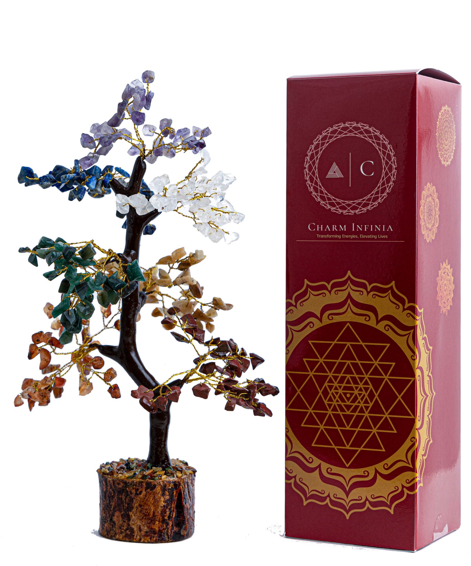 Seven Chakra Crystal Tree with Wooden Bark & Base – Handmade Chakra Healing Tree for Balance Energy and Home Décor